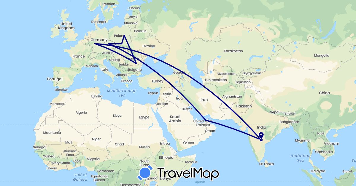 TravelMap itinerary: driving in United Arab Emirates, Czech Republic, Germany, India, Poland, Romania (Asia, Europe)